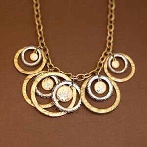 20 inch, Vintage Circle Multi Rings Gold Tone Bib Necklace - U29